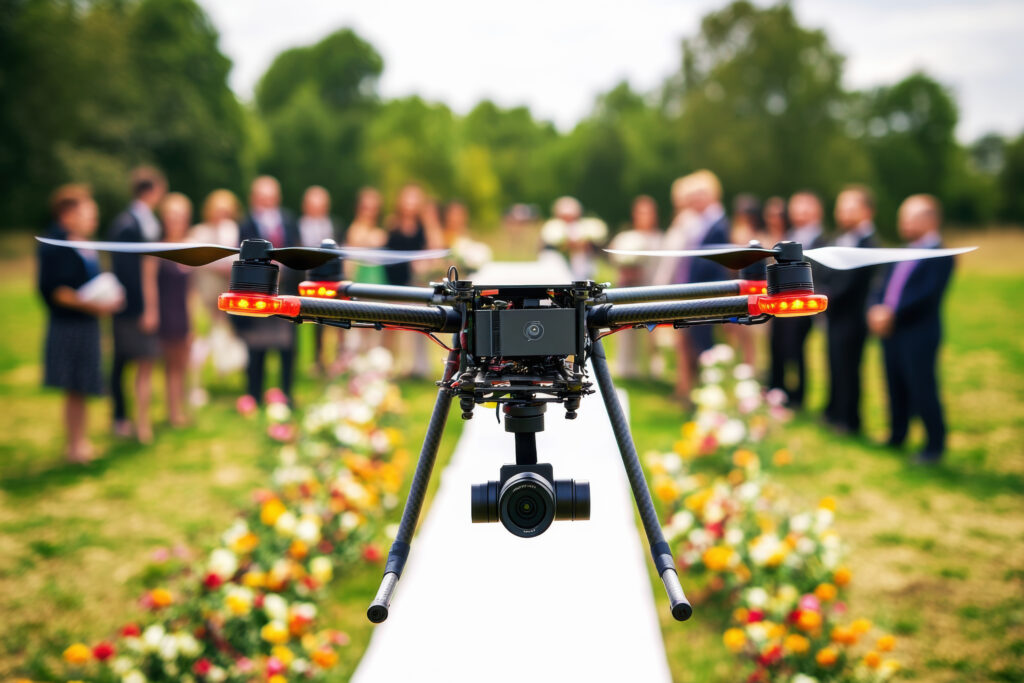 Drone capturing aerial footage of a wedding ceremony with guests in the background