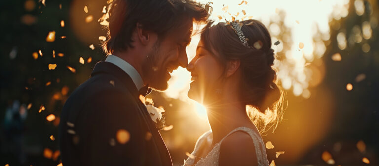 Humblebee Wedding Films Questions To Ask Wedding Videographer Questions To Ask Photographer & Videographer Newly weds kiss with sunsetting behind them