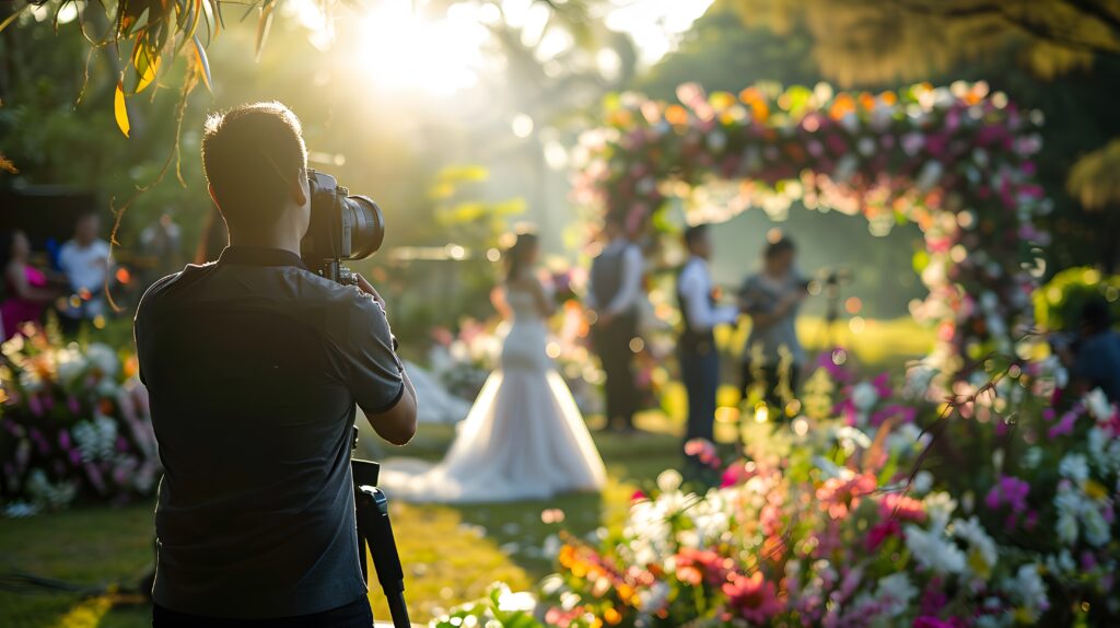associate wedding videographer capturing a wedding ceremony under a floral arch