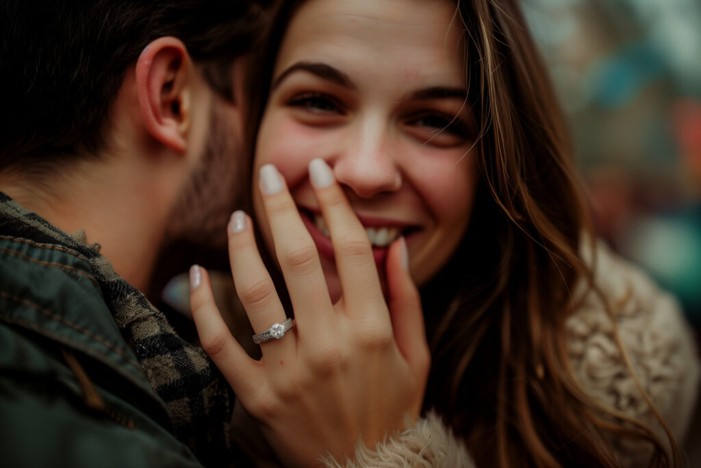 a brunette woman with an engagement ring embracing her husband during an engagement photography shoot