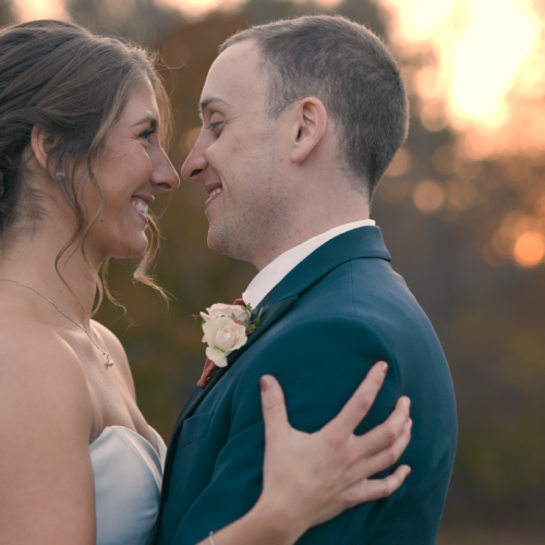 eliza and clarke at sunset bride and groom nose to nose at sunset in the fall