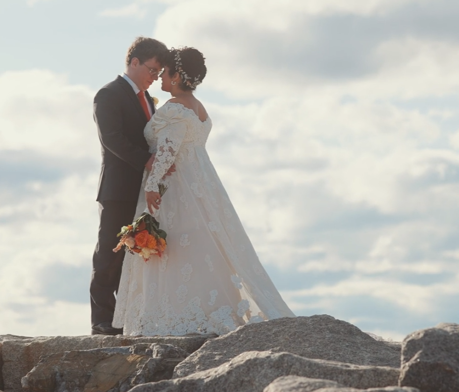 Humblebee Wedding Films The Nonantum Resort Kennebunkport Maine, newlywed couples embrace on jetty