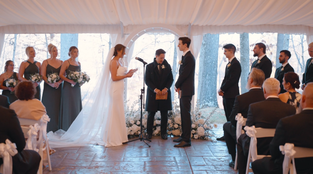 Humblebee Wedding Films The Riverview, couple and wedding party at the front altar during ceremony