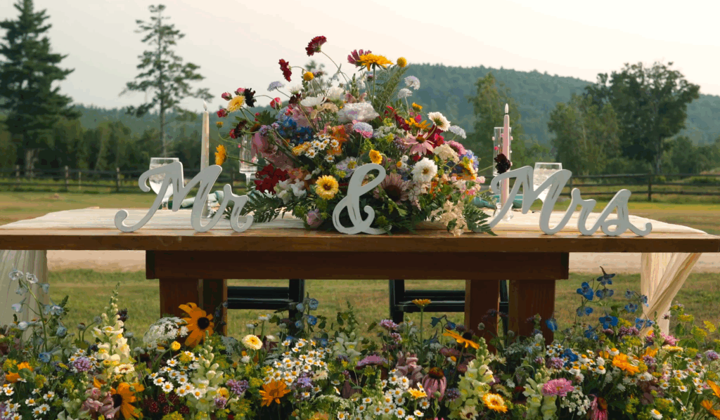 Humblebee Wedding Videography Cold Spring Farm, sweetheart table at wedding surrounded by wildflowers