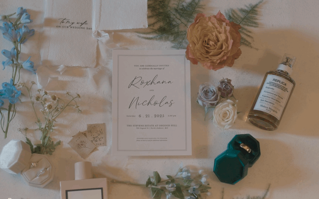 Humblebee Wedding Films Boston wedding content creator, flat lay of wedding invitation, rings, perfume, and letters