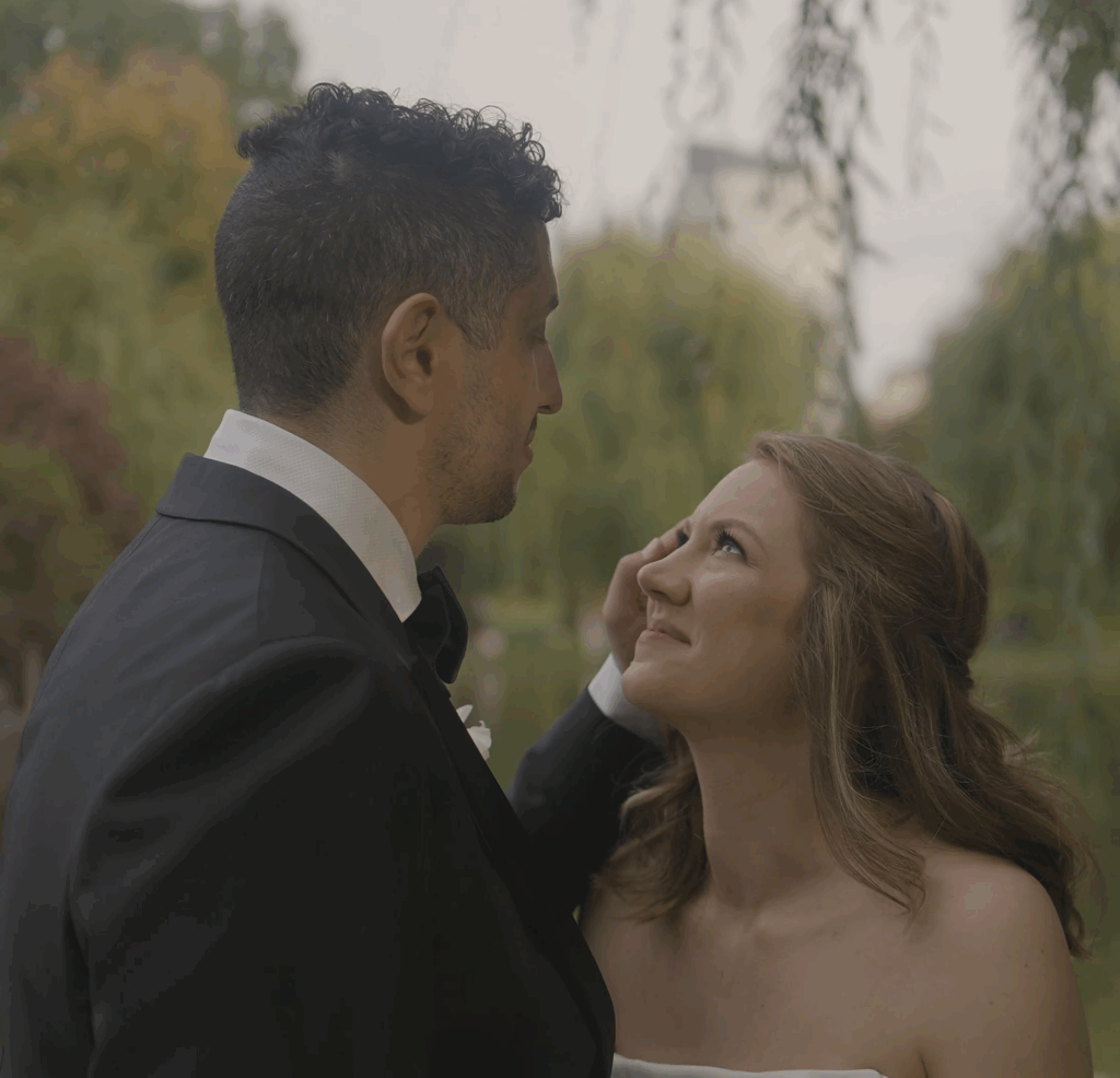 Humblebee Wedding Films Boston Public Library, newlywed couple smiles at each other in front of a tree at Boston Commons